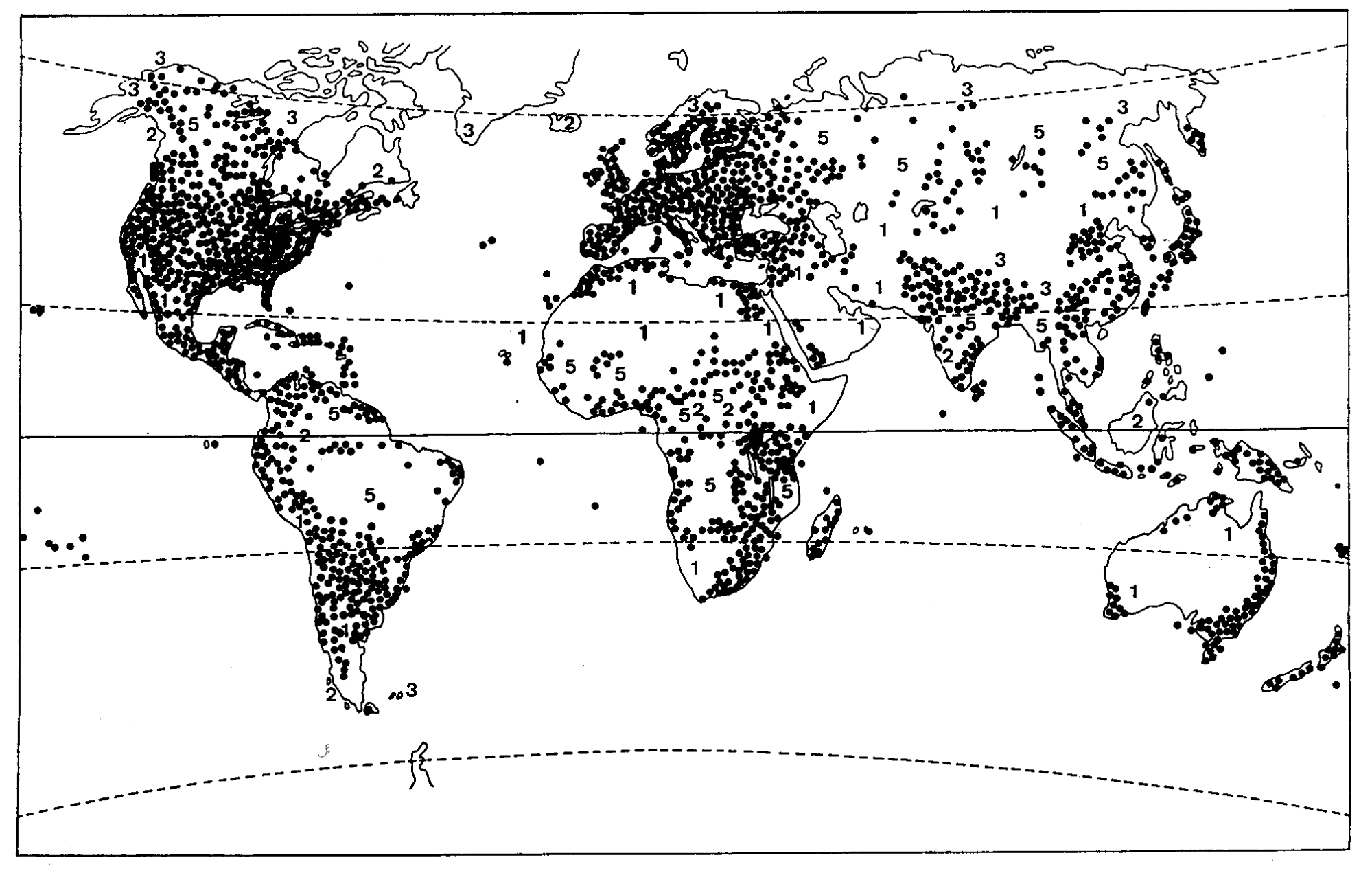 Mapa del mundo donde oficialmente se documentaron Lemnaceae, cubriendo casi todo el globo.